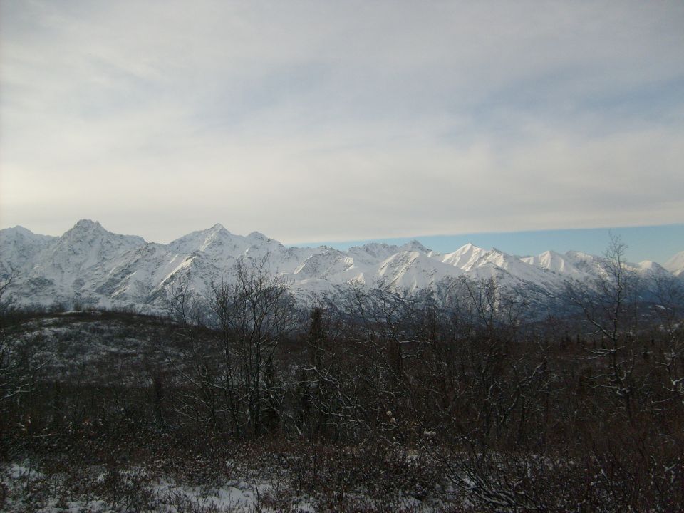 Snowy mountain range behind bare trees and bushes under a cloudy sky. Watermark reads SUPERMOTORS.NET