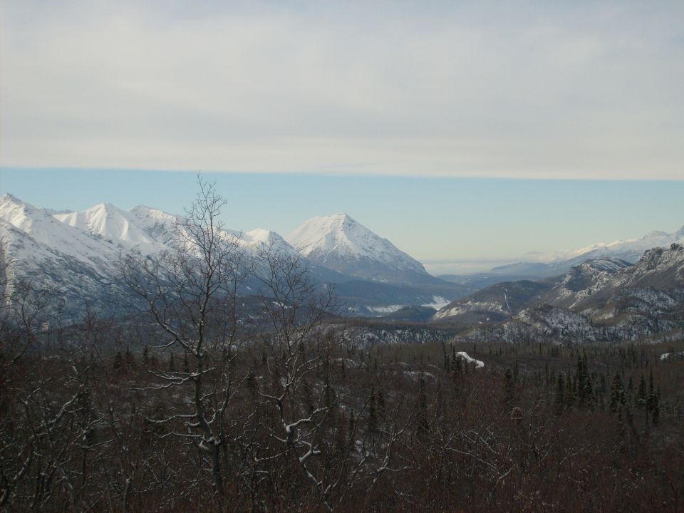 snowy mountains and trees under a cloudy sky, with a website watermark at the bottom right
