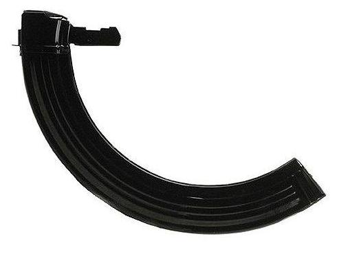 Product photo of a long curved black steel firearm magazine on white background