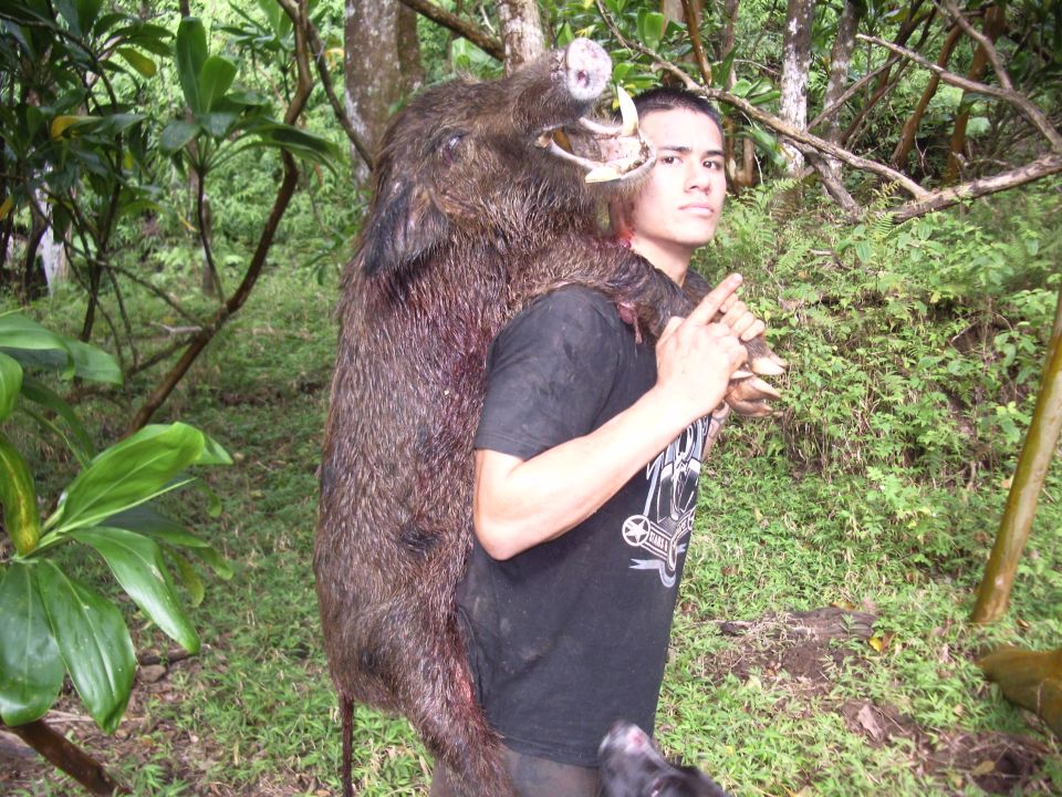 Man with a large wild boar draped over his shoulders in a forest