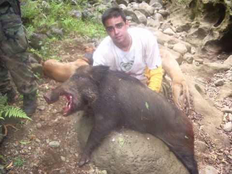 1991 Ford Bronco - A hunter poses with a large wild boar, accompanied by two dogs in a natural outdoor setting.