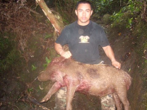 1991 Ford Bronco - Man poses with a wild boar he has hunted in a forest setting.