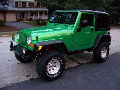 2004 Jeep TJ - A green Jeep Wrangler with a black hardtop is parked on a street in front of a house.