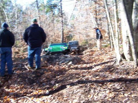 2004 Jeep TJ - Two Jeeps navigate a challenging off-road path through a forest with fallen leaves on the ground.