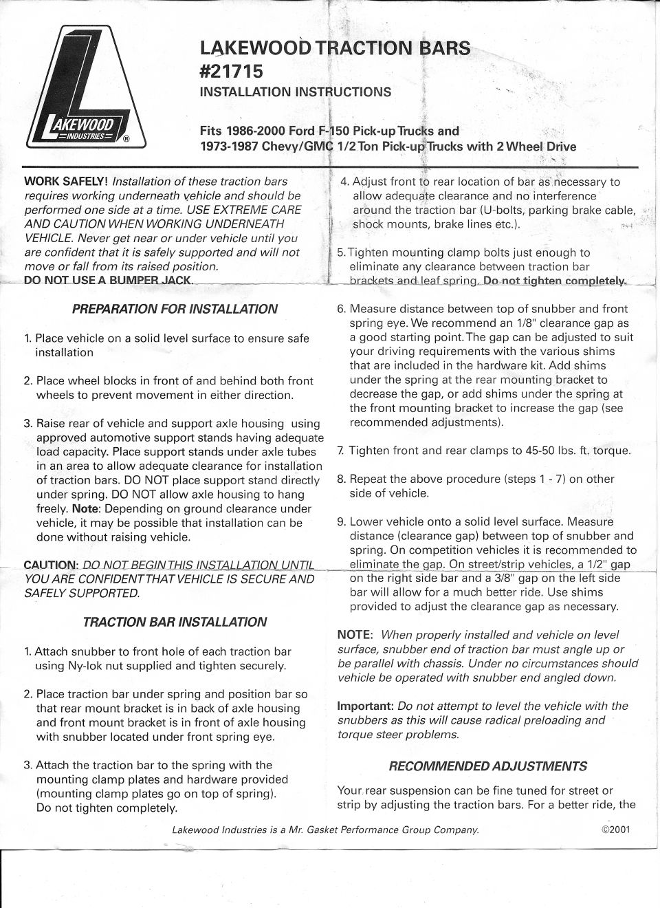 Lakewood Industries 21715 traction bars installation instructions, 1986-2000 F-150 and 1973-87 Chevy/GMC