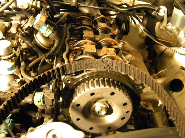Close-up of an engine's timing belt and camshaft gear. Watermark reads SUPERMOTORS.NET