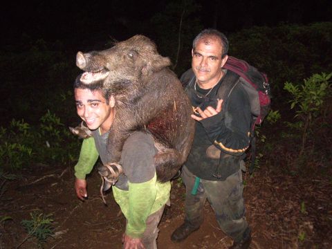 1991 Ford Bronco - Two hunters proudly display their large wild boar catch in a dark, wooded environment.
