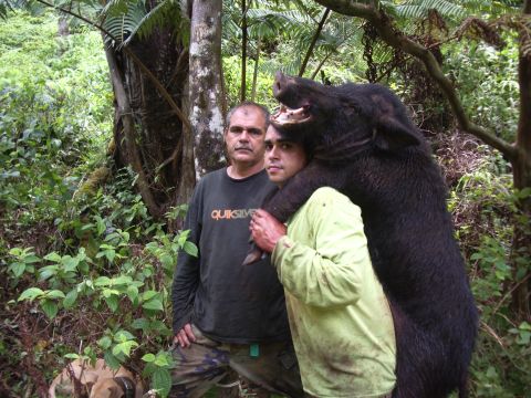 1991 Ford Bronco - Two hunters pose with their wild boar trophy in a lush, green forest environment.
