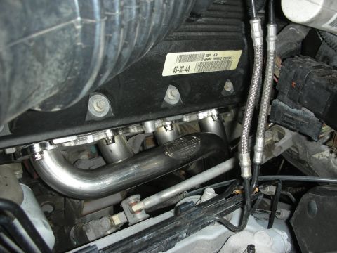 2004 Ford Crown Victoria - Close-up view of aftermarket stainless steel headers installed in an engine compartment.