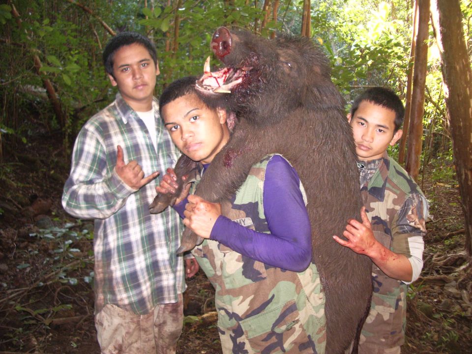 Three men in camouflage and plaid shirts pose with a large wild boar carcass in a wooded area