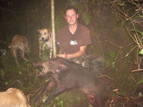 1991 Ford Bronco - A hunter poses with his kill, a wild boar, accompanied by his dogs in a wooded area.