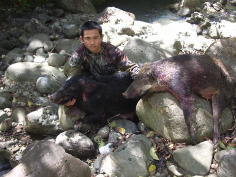 1991 Ford Bronco - A hunter poses with two wild boars in a natural setting, with a stream visible in the background.