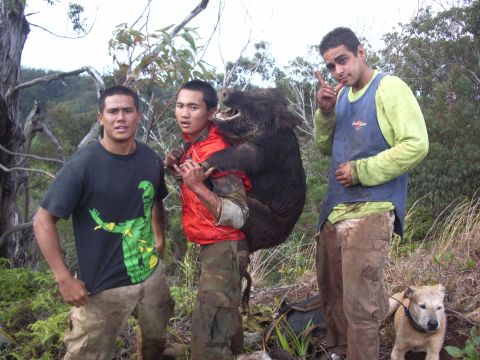 1991 Ford Bronco - Hunters with their wild boar catch in a wooded area.