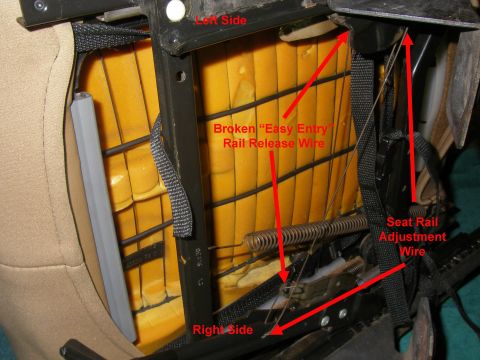 1990 Ford Bronco - Car seat mechanism repair: focus on the broken "Easy Entry" rail release wire.