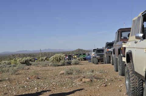 1991 Ford Bronco - A convoy of Ford Broncos and other off-road vehicles parked in a desert landscape under a clear blue sky.