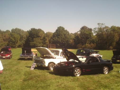 Car show with several cars and trucks on display, hoods open, on a grassy field