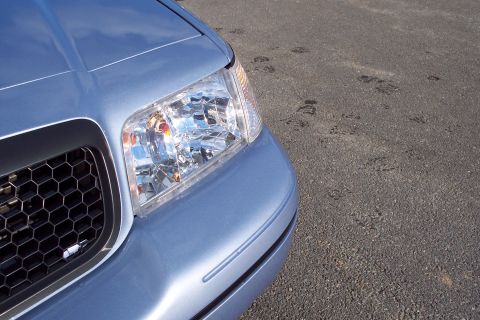 2001 Ford Crown Victoria - Front corner view of a blue 2001 Ford Crown Victoria showing the headlight and grille detail.