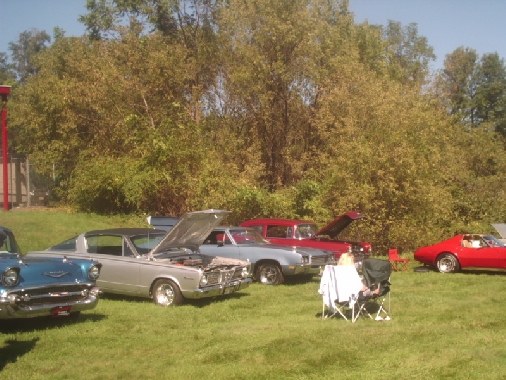 Several classic cars parked on grass, with trees in the background