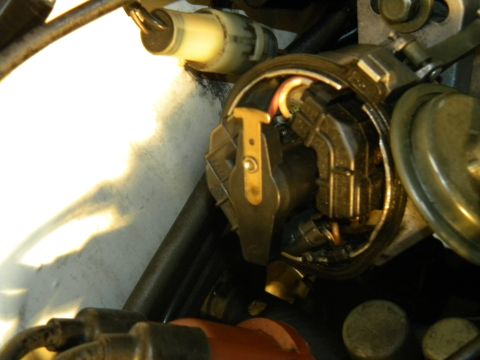 1988 Ford Bronco - Close-up in a grimy engine bay of a distributor with its cap removed, showing the internal wiring, hold-down clip and a vacuum advance cani…