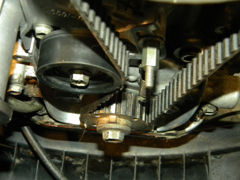 1988 Ford Bronco - Tight close-up of a toothed timing belt routed around the crankshaft sprocket and a smooth idler/tensioner pulley, with the belt cover remo…