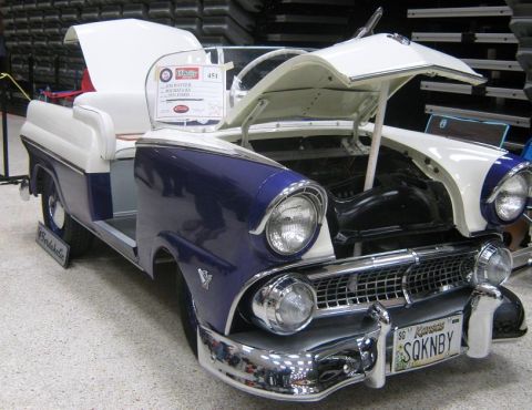 2000 Mercury Grand Marquis - Custom golf cart built to resemble a 1955 Ford Fairlane, displayed with hood open.