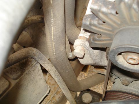 1989 Ford F-250 - The image shows a close-up view of various engine components, including hoses and an alternator, within a vehicle's engine compartment.