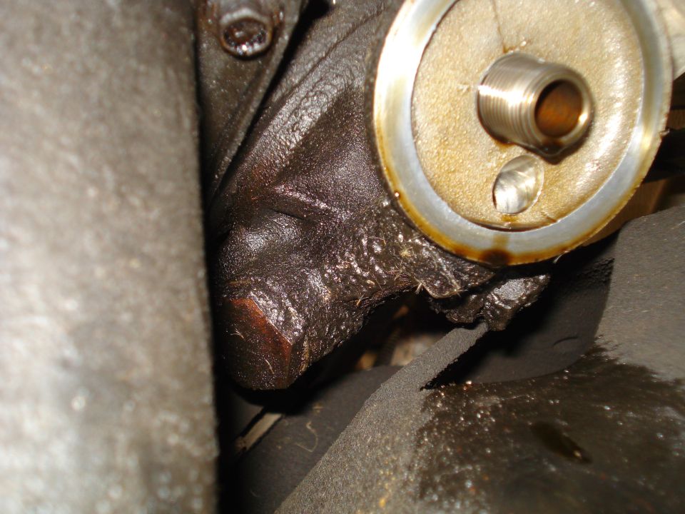 Engine oil filter housing with oil leaks and a threaded fitting