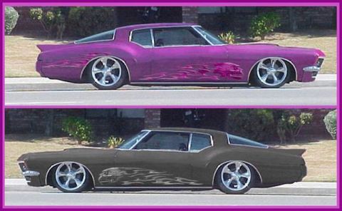 1991 Ford LTD Crown Victoria - A two-panel side-profile comparison of a lowered boat-tail Buick Riviera custom, showing the same body style rendered in purple with magent…