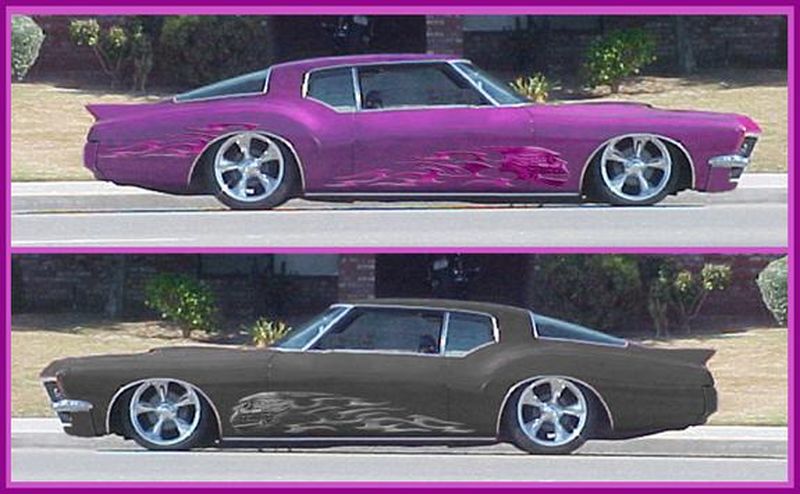 Side-by-side profile of a lowered boat-tail Buick Riviera custom in purple and in dark flames