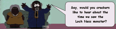 2006 Ford E350 - Two cartoon characters are depicted, with one speaking in a speech bubble about an encounter with the Loch Ness monster.
