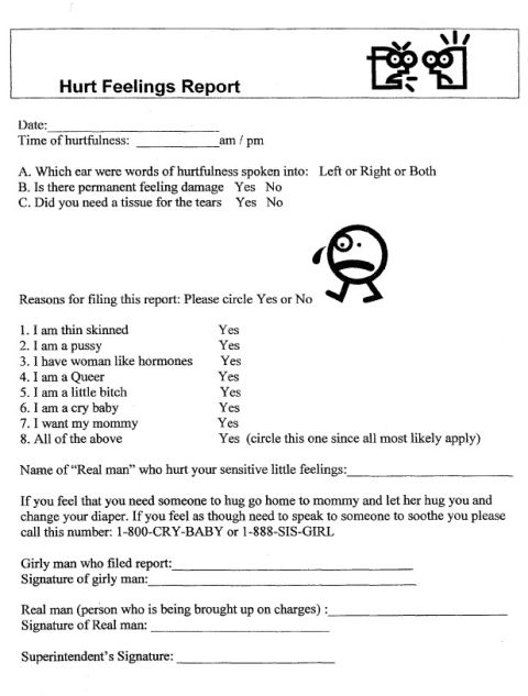 1967 Ford Fairlane - This document is a humorous 'Hurt Feelings Report' form, complete with cartoon illustrations and various reasons for filing.