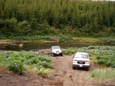 1996 Ford Bronco - Two SUVs navigate a dirt track alongside a river, with a dense forest in the background.