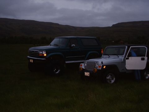 1996 Ford Bronco - Two SUVs, a 1996 Ford Bronco and a Jeep Wrangler, sit parked in a grassy field under a cloudy sky.