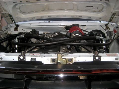 1996 Ford Bronco - Front engine-bay view of a white truck with the hood raised, showing the white radiator support with its hood latch, warning decals and a c…