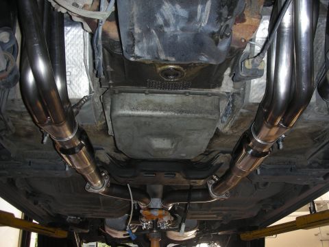 2004 Ford Crown Victoria - The underside of a 2004 Ford Crown Victoria displays new stainless steel exhaust headers and a cat-back system.