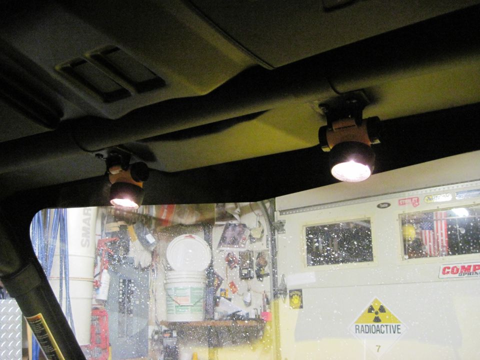 Interior view of a vehicle's headliner with two lights, looking out at a garage door