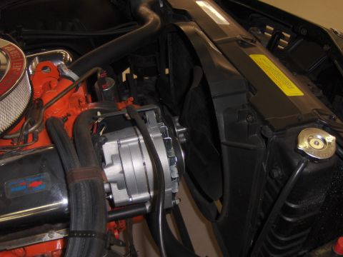 1970 Chevrolet Camaro - Engine bay components including an alternator and fan are shown in this close-up view.