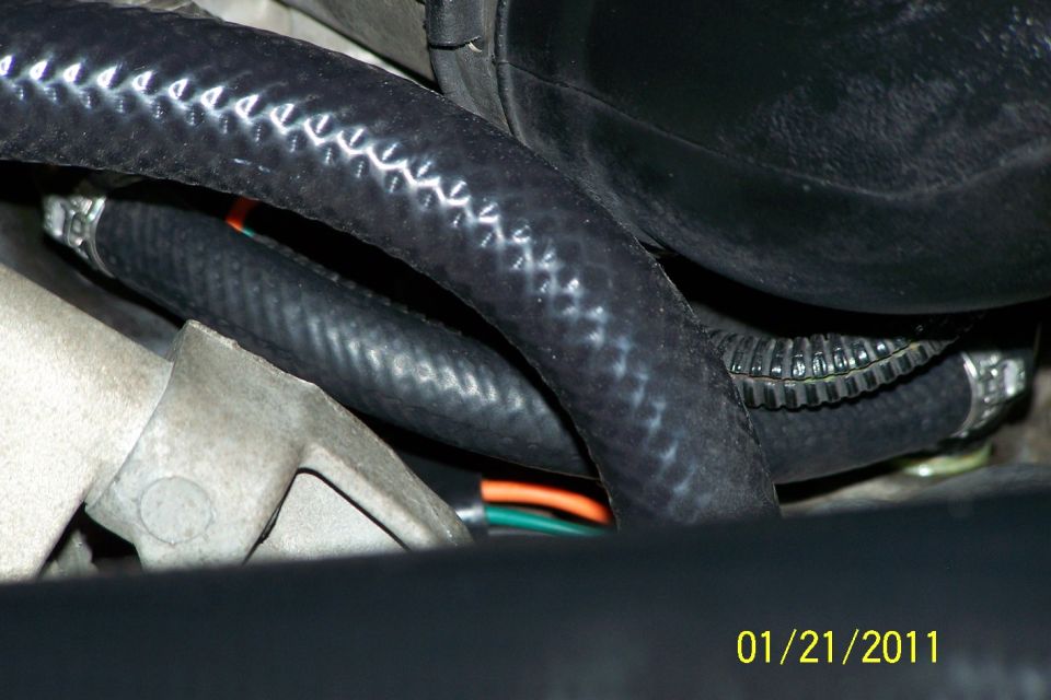 Close-up of black rubber hoses, wiring, and clamps in an engine bay