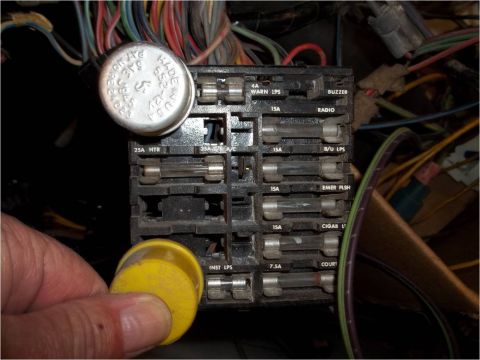 1972 Ford Ranchero - This photo shows a vehicle's fuse box with labels for various electrical components.
