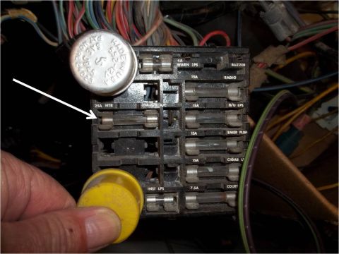 1972 Ford Ranchero - Fuse box interior with labeled circuits and visible wiring. A 25A HTR fuse is indicated by an arrow.