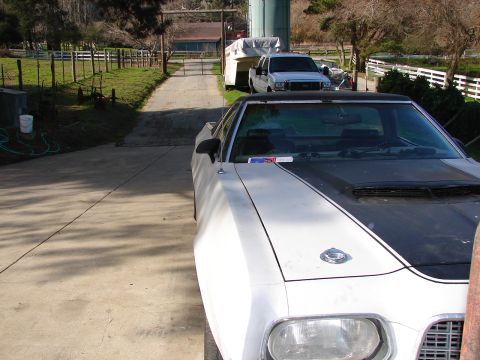1973 Ford Ranchero - A white 1973 Ford Ranchero with a black hood stripe is parked on a concrete driveway, with a white pickup truck and trailer in the backgrou…