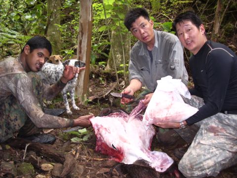 1991 Ford Bronco - Three men and two dogs are in a forest clearing with a large animal carcass they appear to be butchering.