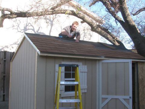 1968 Ford Mustang - A man works on the roof of a shed, with a ladder leaning against the side.