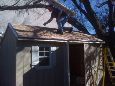 1968 Ford Mustang - A man is working on the roof of a shed, with a ladder leaning against the side.