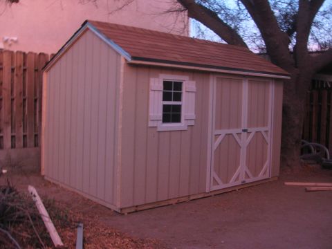 1968 Ford Mustang - A tan storage shed with white trim and a window sits outdoors next to a large tree and wooden fence.