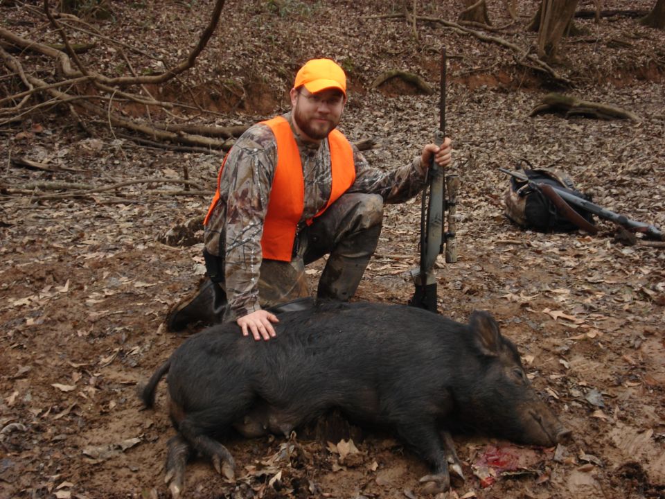 Hunter in orange vest and cap kneels by a large wild boar he shot, rifle nearby