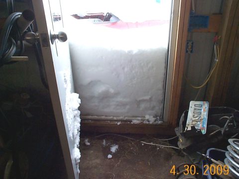1984 Ford Mustang - Snow has completely blocked a doorway, with a license plate visible in the foreground.
