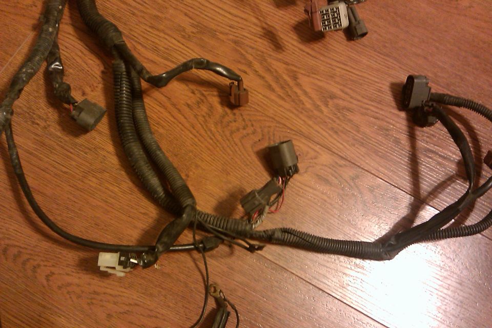 Wiring harness with multiple connectors and black corrugated tubing on a wooden surface