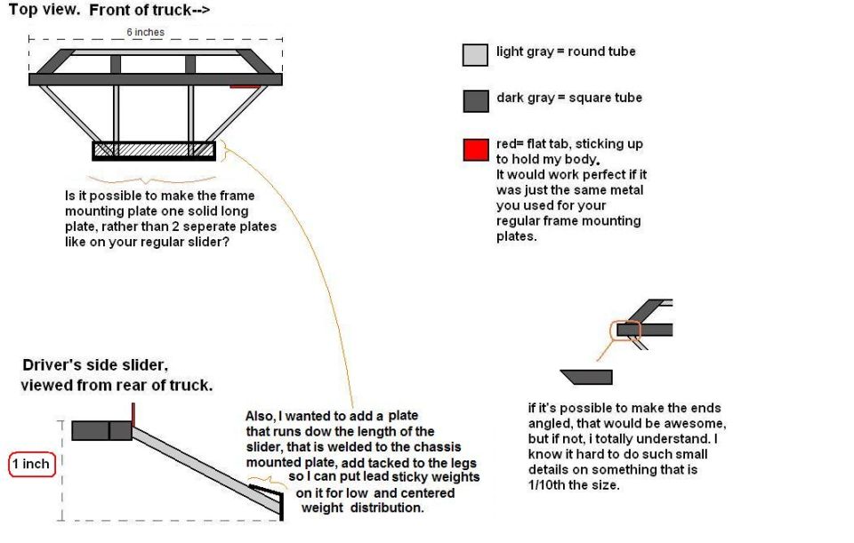 Hand-drawn frame slider/mounting plate diagram, top and rear views with tube color key and 1 inch dimension