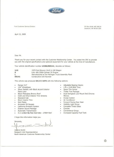 1979 Ford Bronco - This document from Ford Customer Service details the specifications and options for a 1979 Ford Bronco.